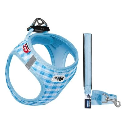 Set Curli: Arnés Vest Air-Mesh + Correa Basic Caro Azul Cielo